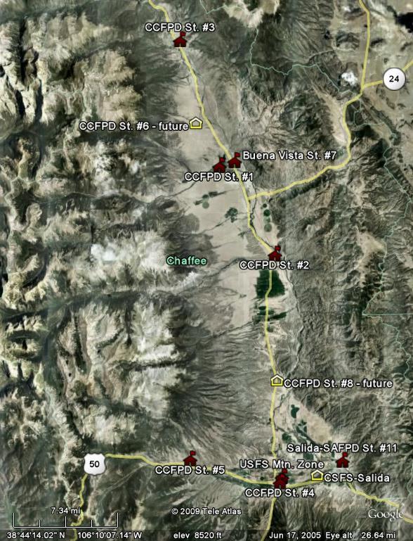 Google Earth map of fire station locations in Chaffee County
